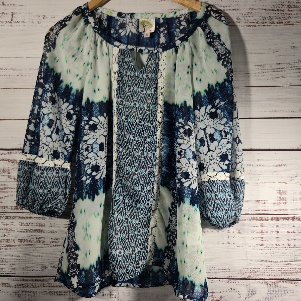 Fig & Flower Anthropologie Peasant Top Sz M 3/4 Balloon Slv Floral Sheer Spring